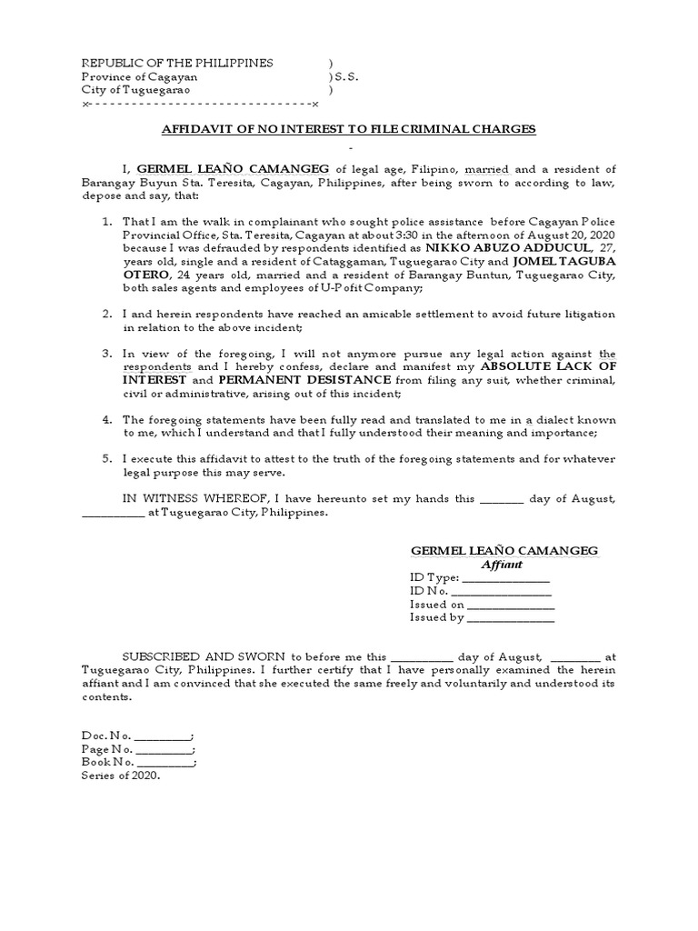 Affidavit of No Interest To File Criminal Charges: Affiant | PDF ...