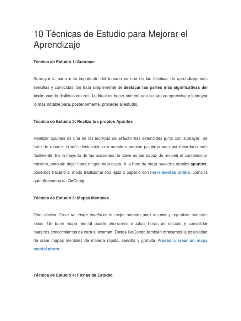10 Técnicas de Estudio para Mejorar El Aprendizaje | PDF | Habilidades ...