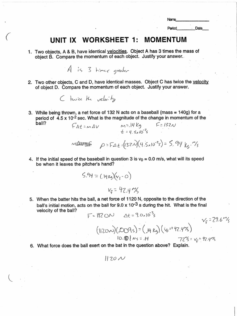 worksheet Momentum Worksheet physics momentum worksheet 1 with wsanswers