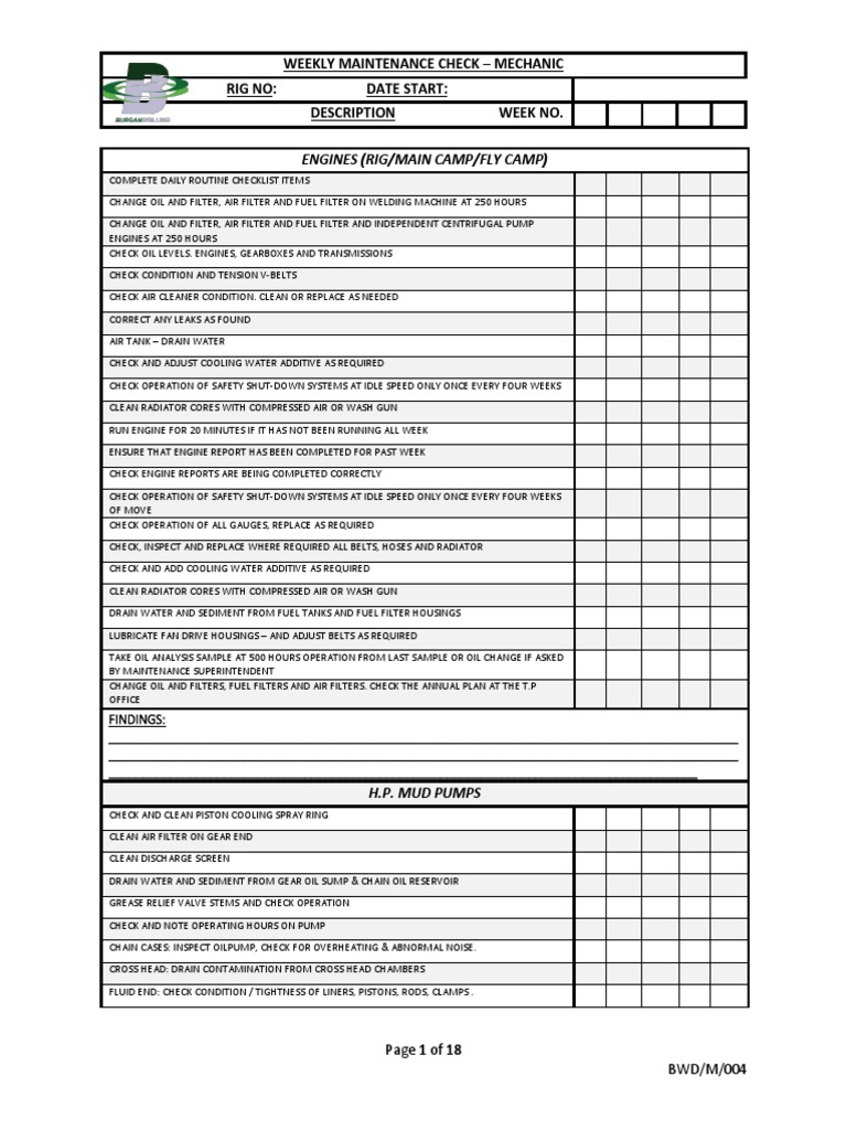 Weekly Maintenance Checklist for Mechanics | PDF | Valve | Pump