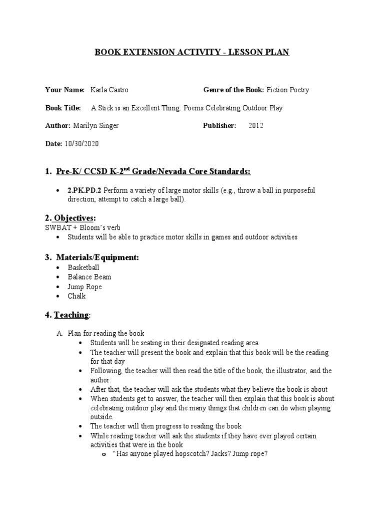 Book Extension Activity Lesson Plan PDF Cognition Learning