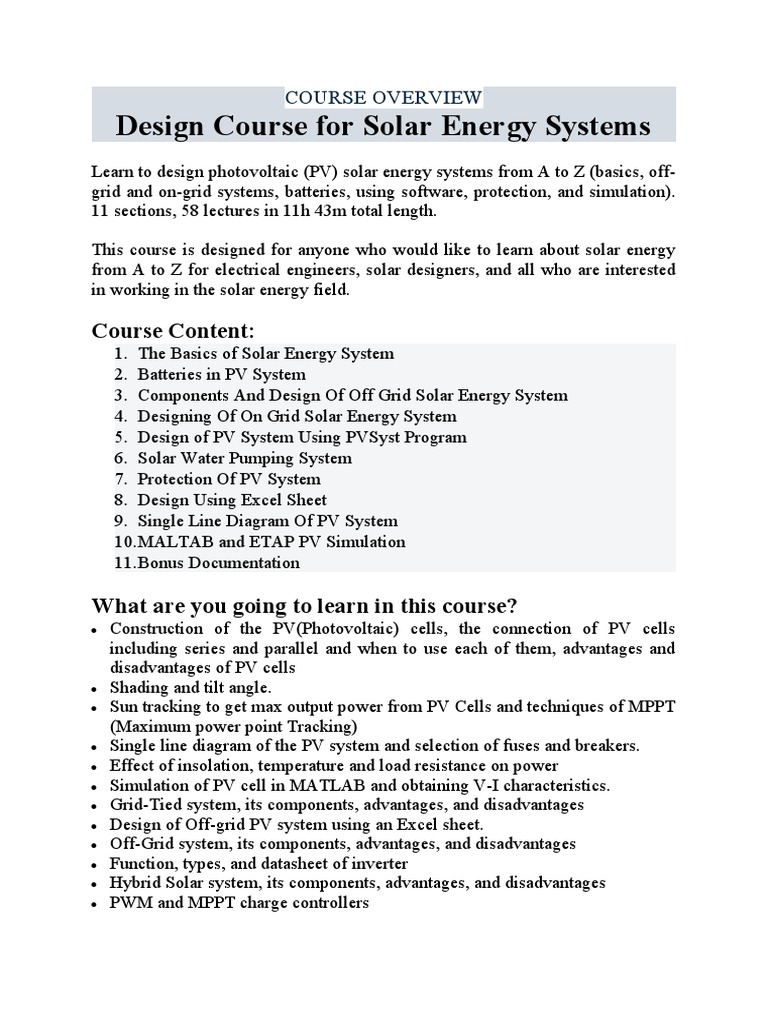 Complete Solar Energy Design Course | PDF | Photovoltaic System ...