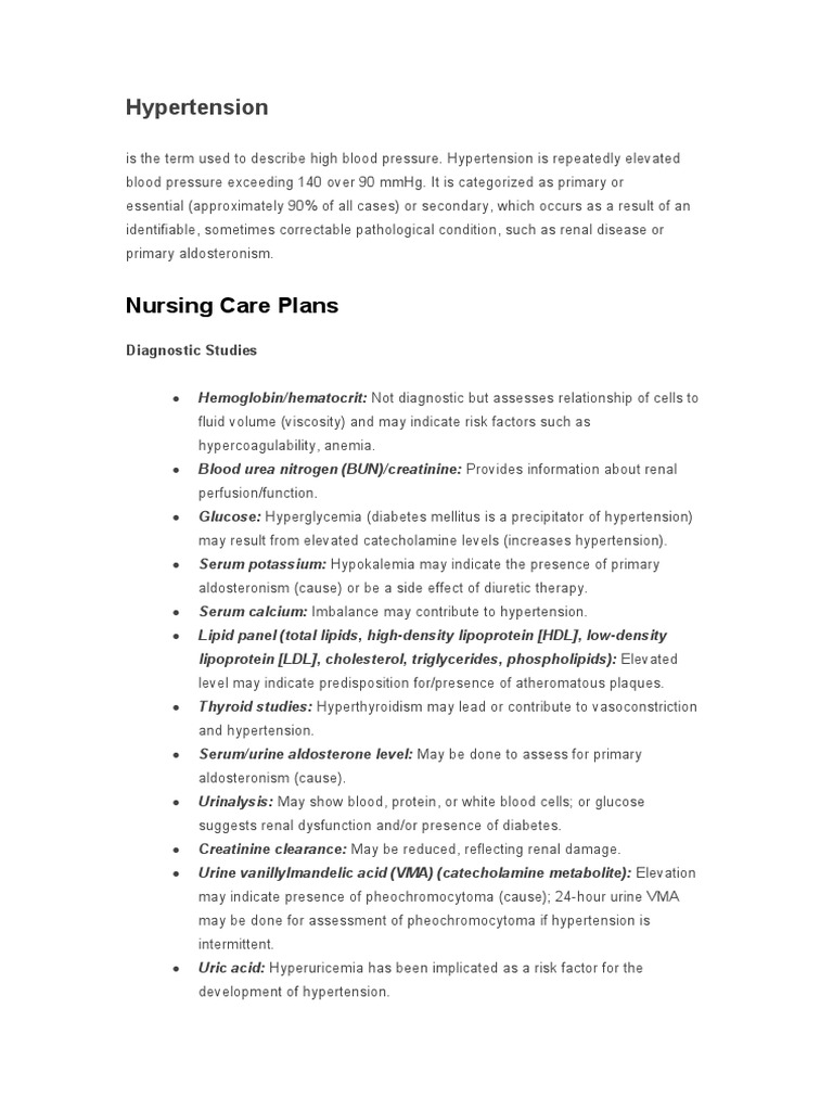 Hypertension: Nursing Care Plans | PDF | Hypertension | Blood Pressure