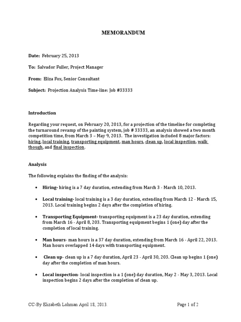 Example Memo Projection Analysis Timeline With Gantt Chart PDF
