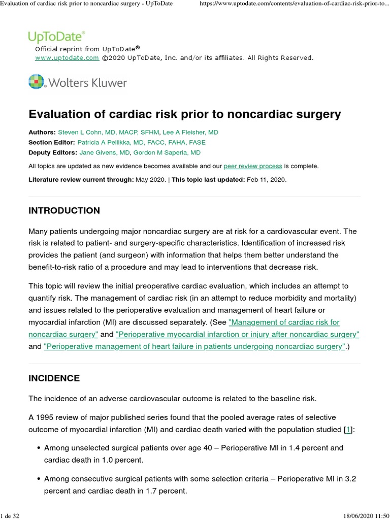 Evaluation of Cardiac Risk Prior To Noncardiac Surgery - UpToDate | PDF ...