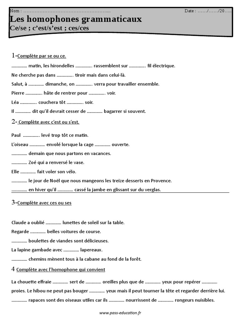 Exercices Homonymes Cm1 à Imprimer Ce Se C'est S'est Ces Ces Homophones Grammaticaux Cm1 Exercices Corrigés |  PDF