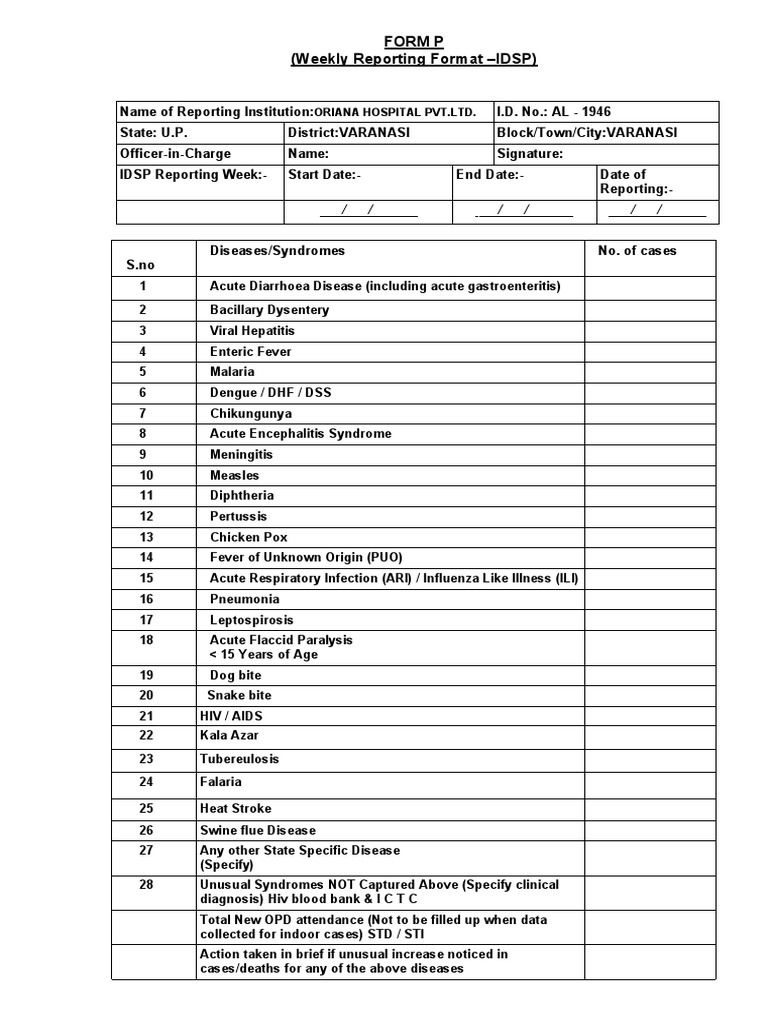 Form p weekly reporting format idsp oriana hospital pvt ltd