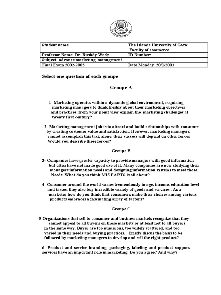 Advanced Marketing Management Exam 2003 | PDF | Marketing | Sales