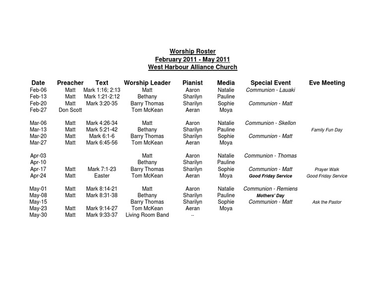 Worship Roster: Feb-May 2011 Schedule | PDF | Protestantism ...