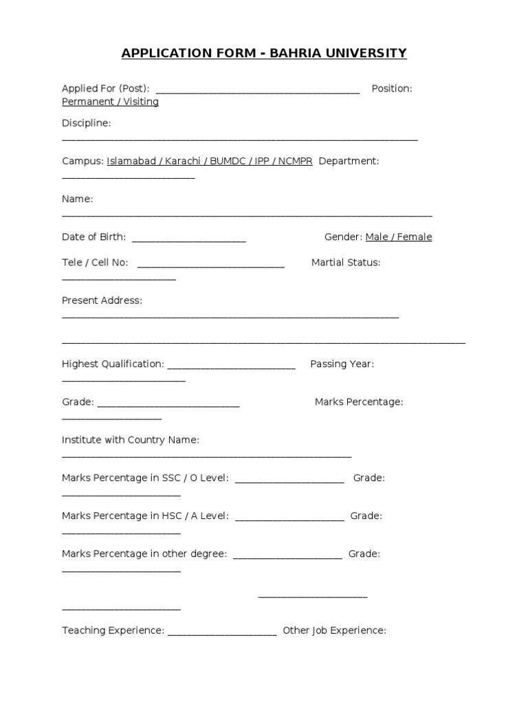 Application Form Bahria University PDF