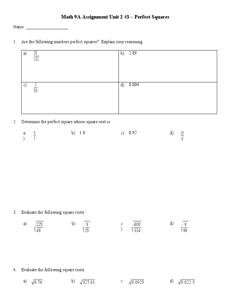 Perfect Squares and Square Roots Assignment | PDF