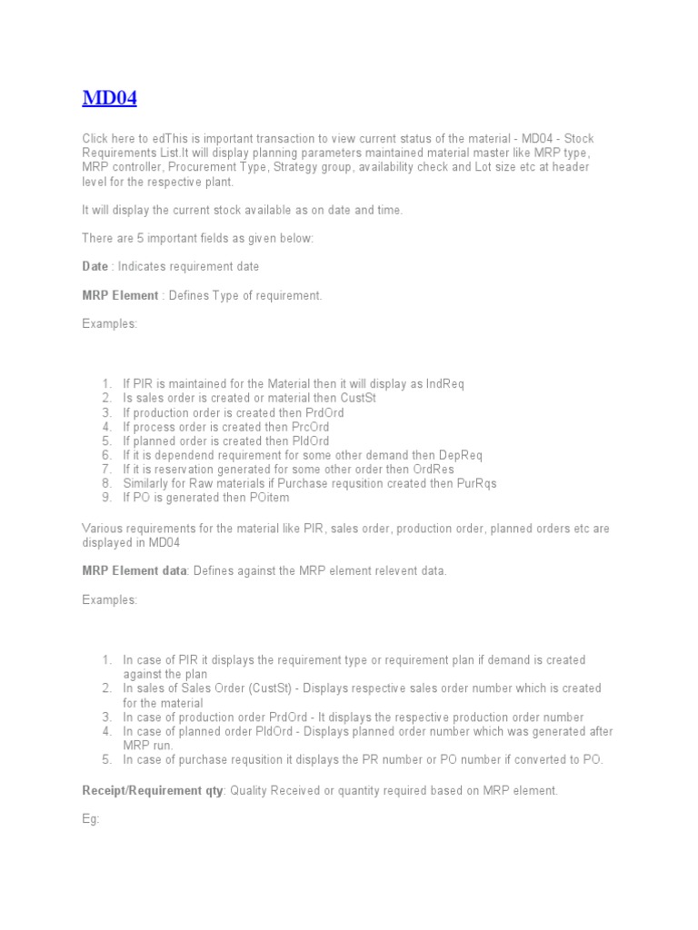 Understanding Material Requirements Planning An Analysis of the MD04