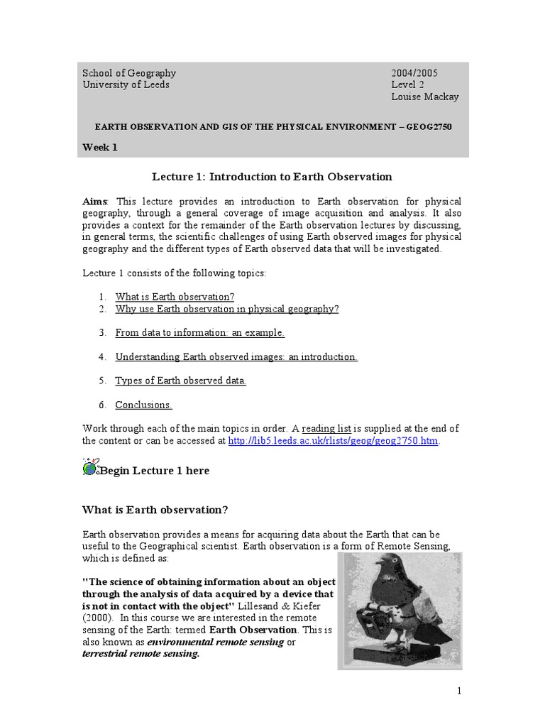 Lecture 1: Introduction To Earth Observation: Earth Observation and Gis ...