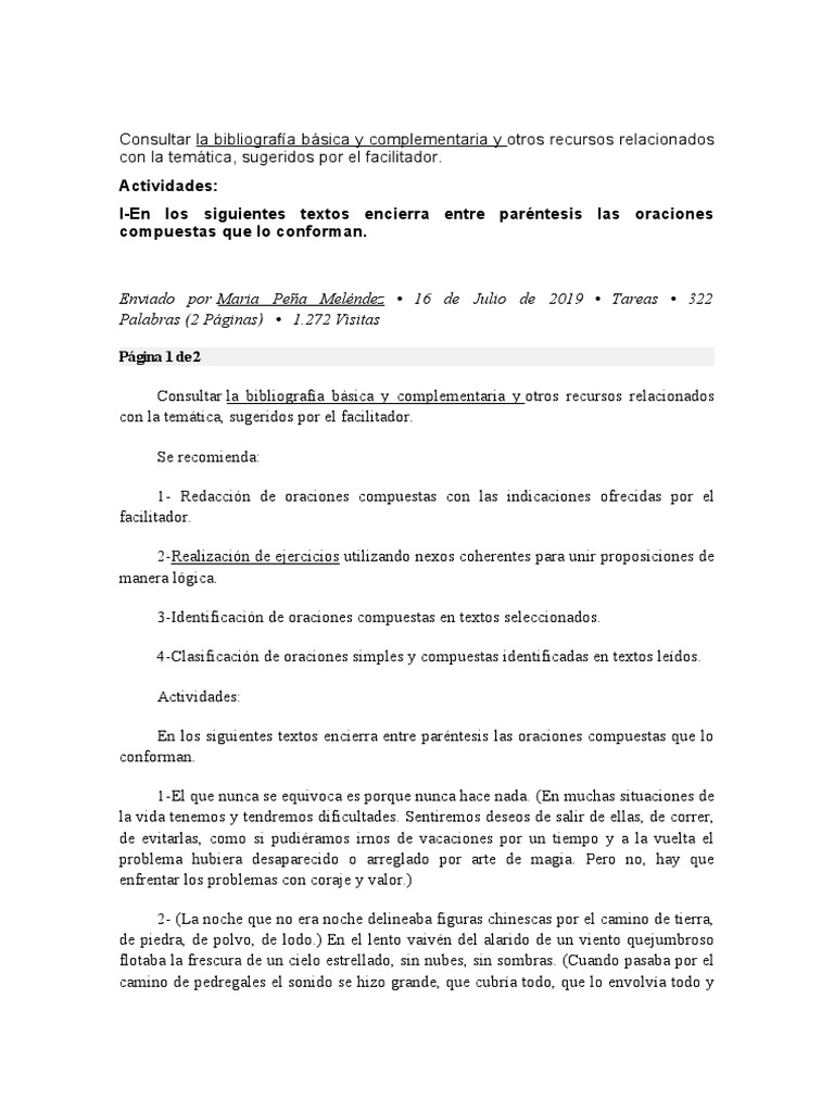 Análisis de Oraciones Compuestas | PDF | Artes del Lenguaje y ...