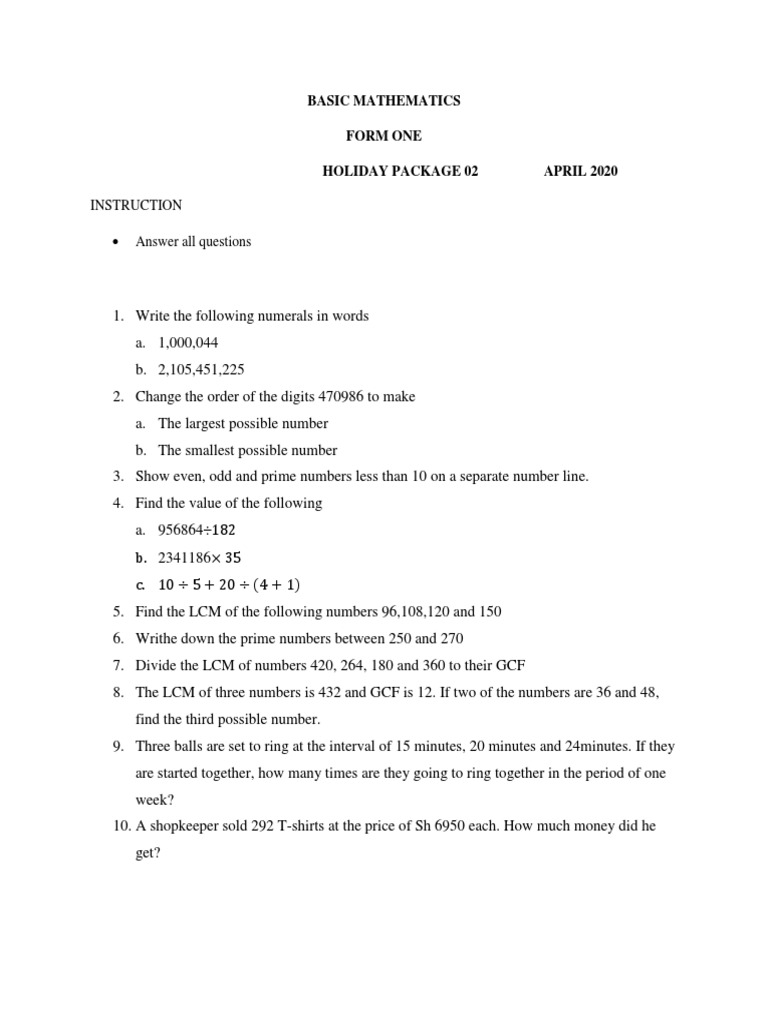 Form One Basic Maths Holiday Package | PDF | Numbers | Fraction ...