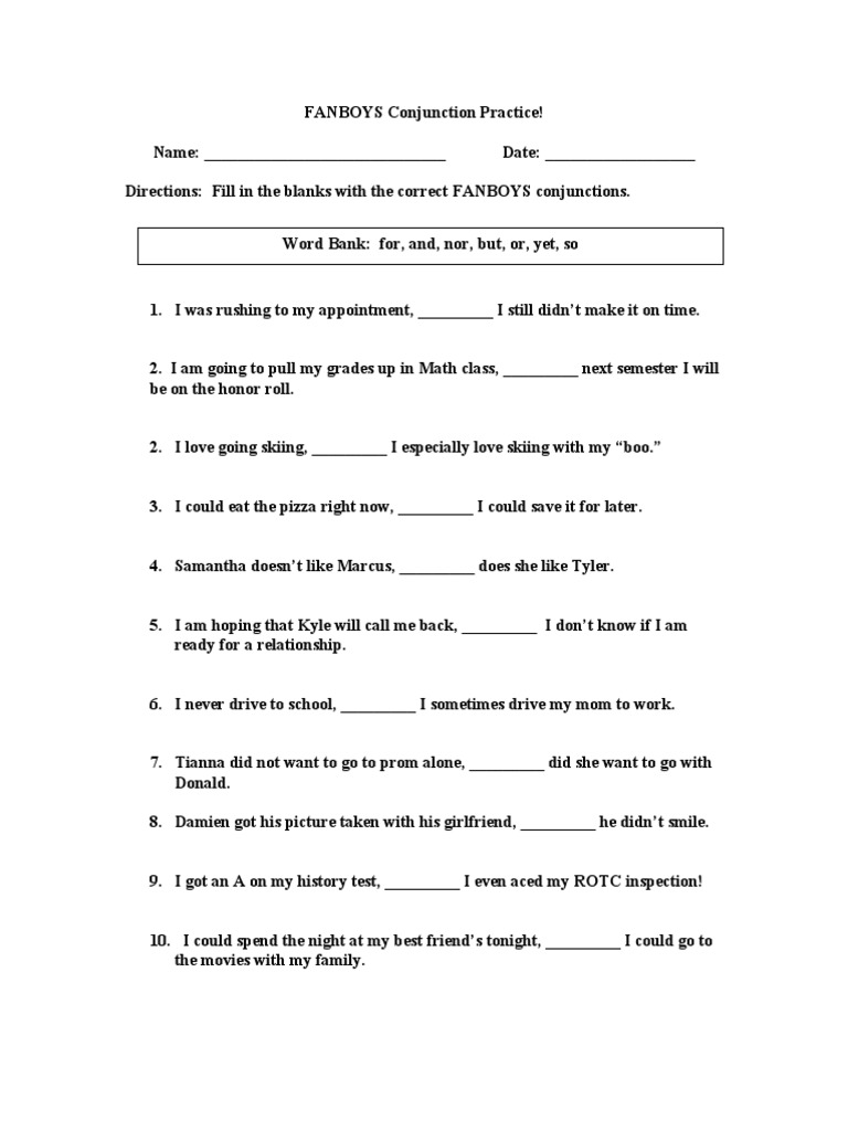 FANBOYS Conjunction Practice Worksheet | PDF