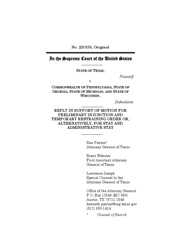 TX V State MPI Reply 2020-12-11 | PDF | Fourteenth Amendment To The ...