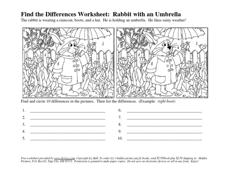 Find The Differences Worksheet: Rabbit With An Umbrella | PDF | Home ...