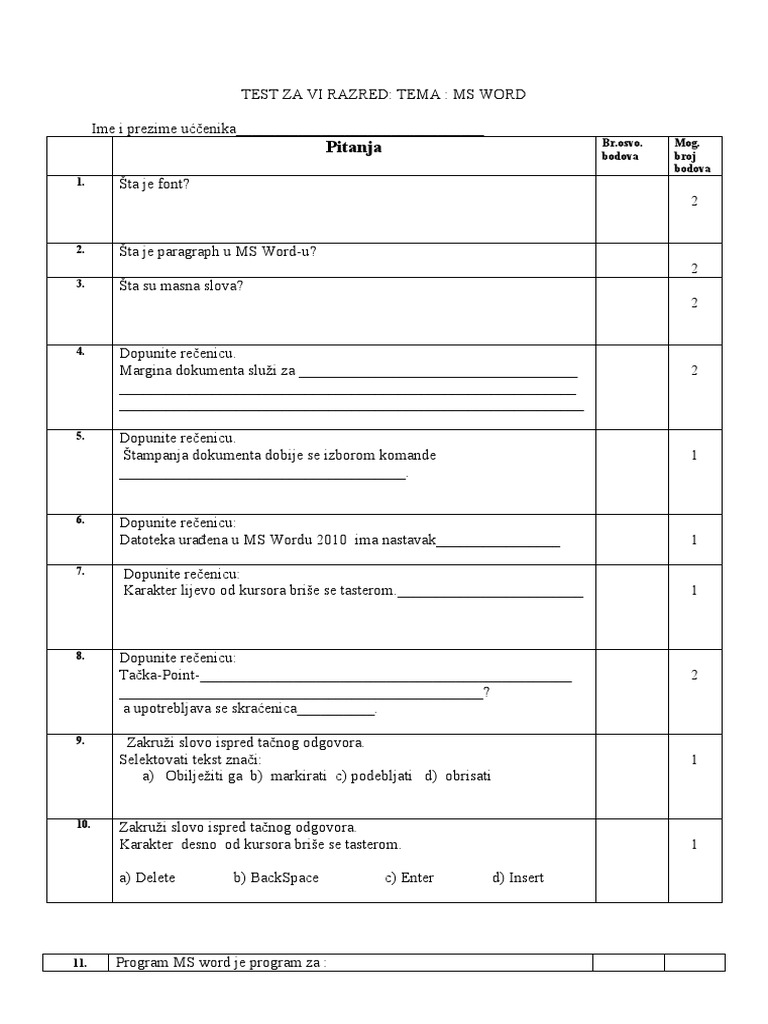 Test Za Vi Razred | PDF