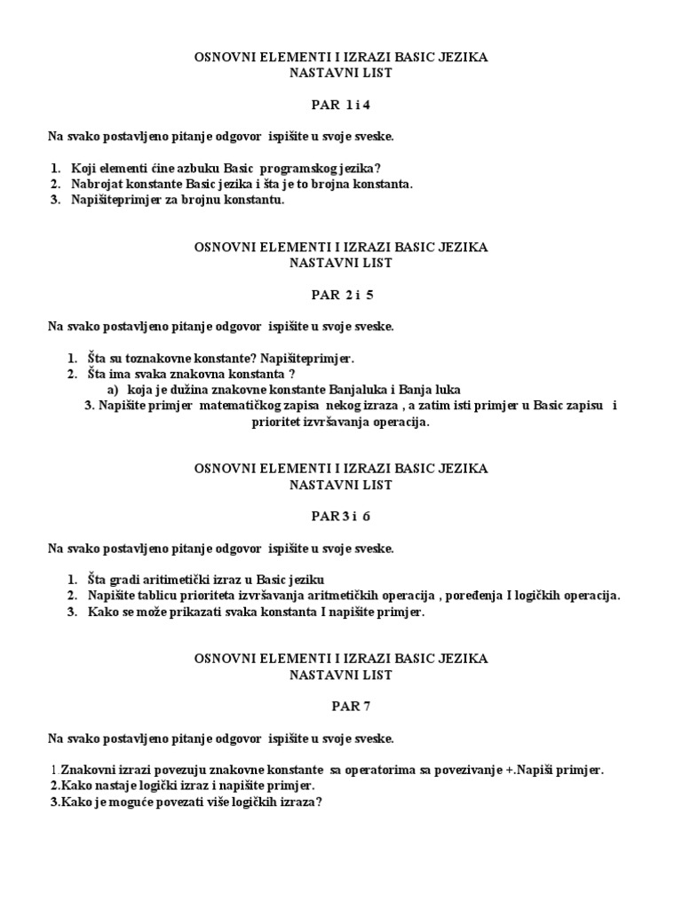 Osnovni Elementi I Izrazi Basic Jezika | PDF