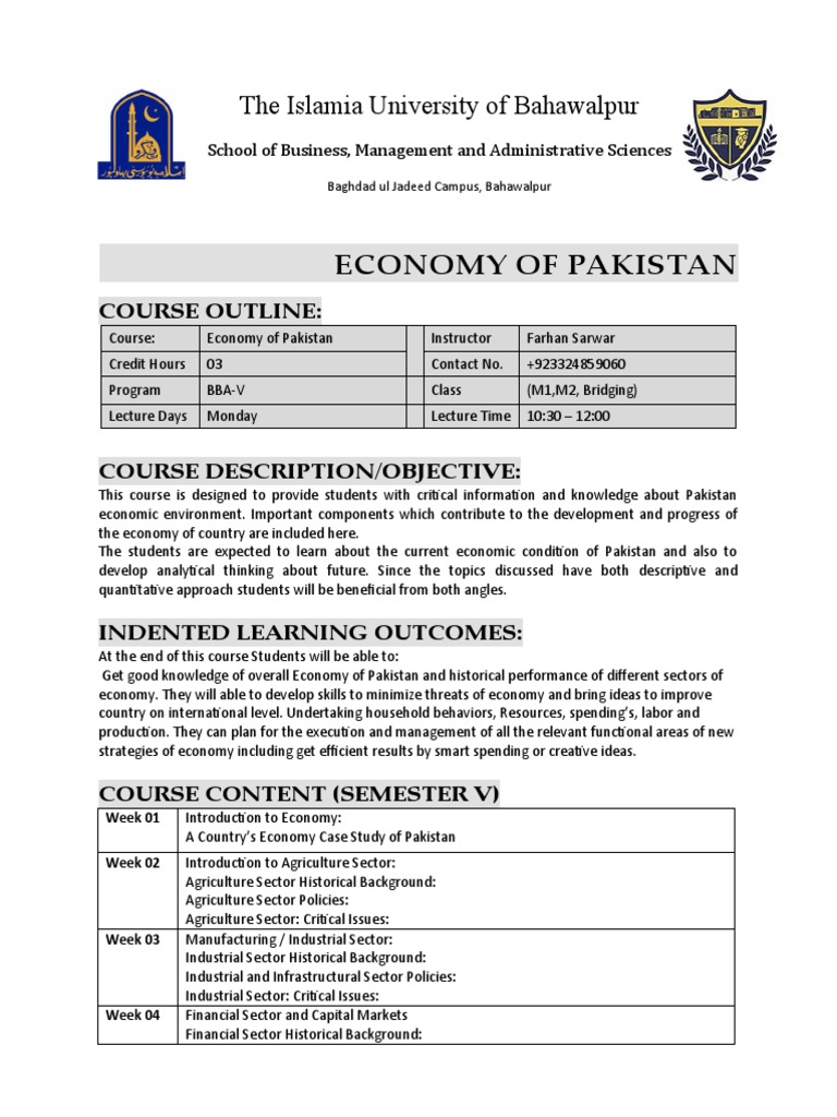 Economy of Pakistan Course Outline | PDF | Public Finance | Pakistan
