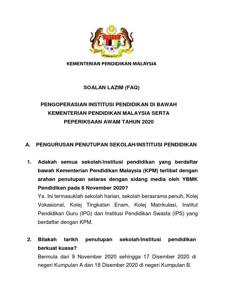 Soalan Lazim Faq Pengoperasian Institusi Pendidikan Di Bawah Kpm Serta Peperiksaan Awam Tahun 2020 Pdf Pdf