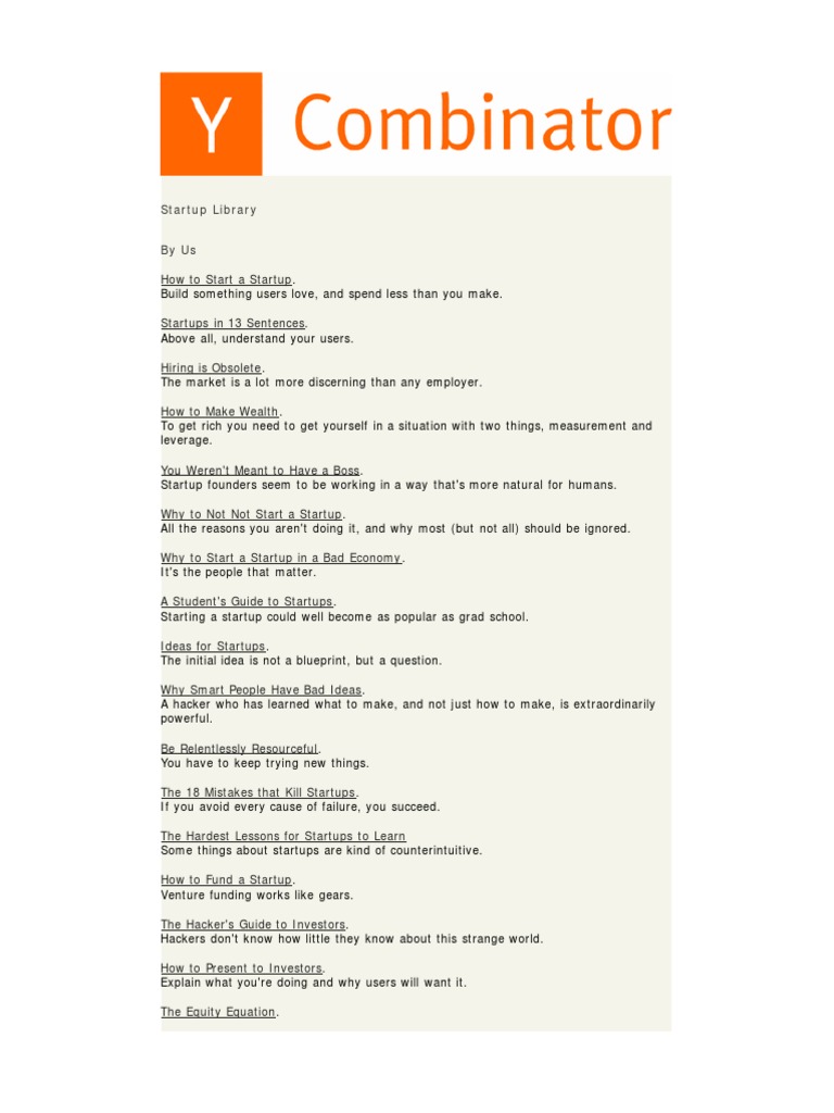 Y Combinator Startup Library Download Free Pdf Startup Company