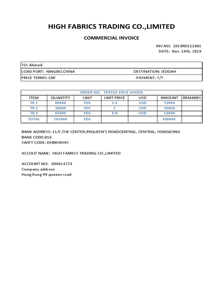 High Fabrics Trading Co.,Limited: Commercial Invoice | PDF
