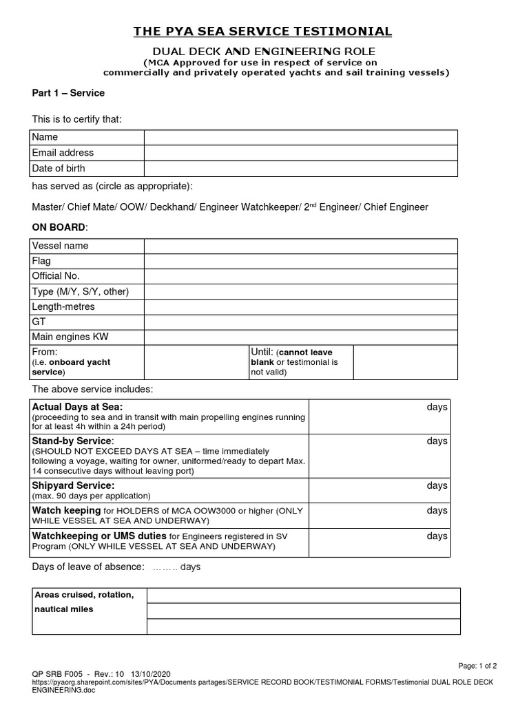 PYA Sea Service Testimonial Form | PDF | Watercraft | Ships