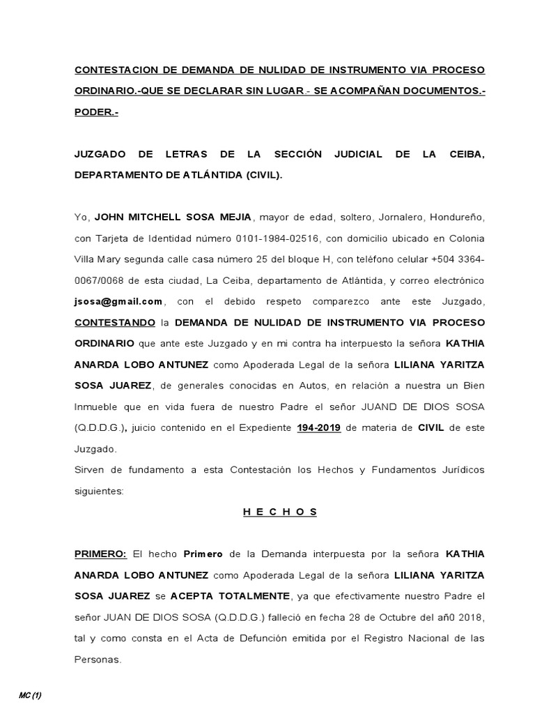 Contestacion De Demanda Honduras