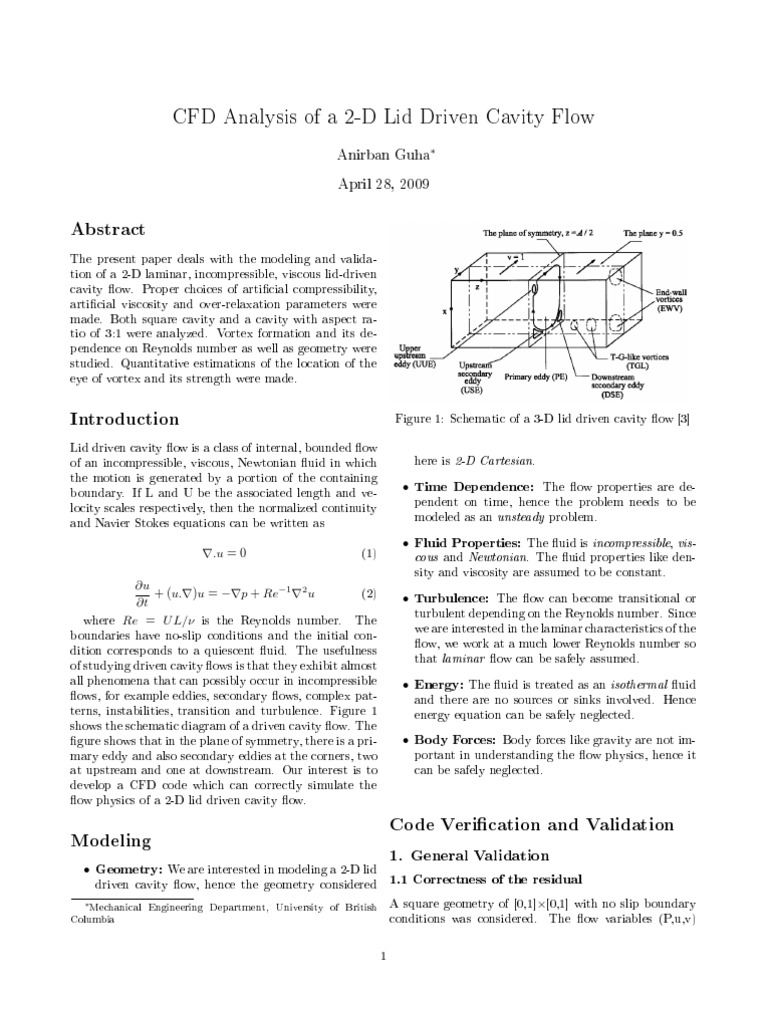 CFD Analysis of A 2-D Lid Driven Cavity Flow: Anirban Guha April 28 ...