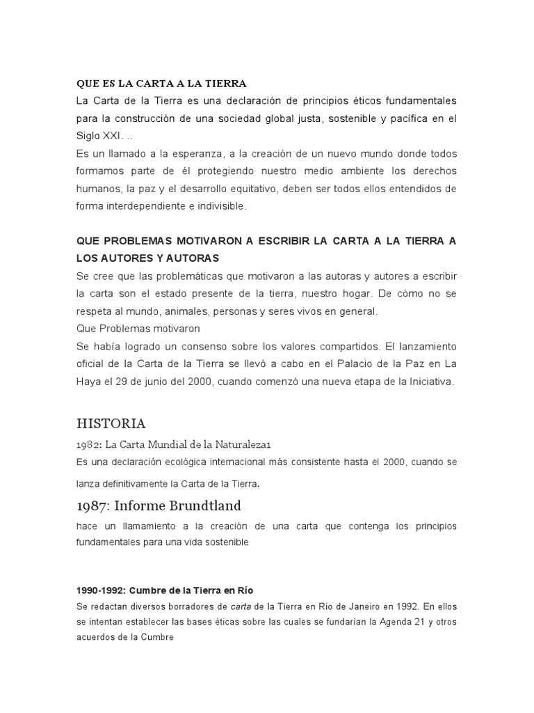 Historia y Principios de la Carta a la Tierra | PDF | Sustentabilidad ...