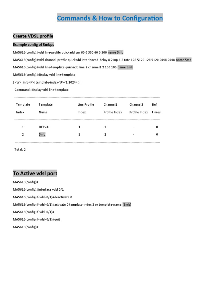 Commands & How To Configuration: Create VDSL Profile | PDF | Computer ...