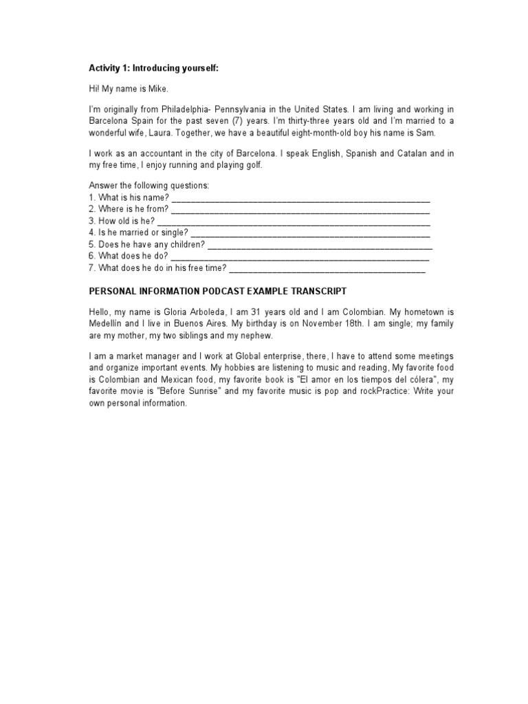 Personal Introduction Activity Guide | PDF