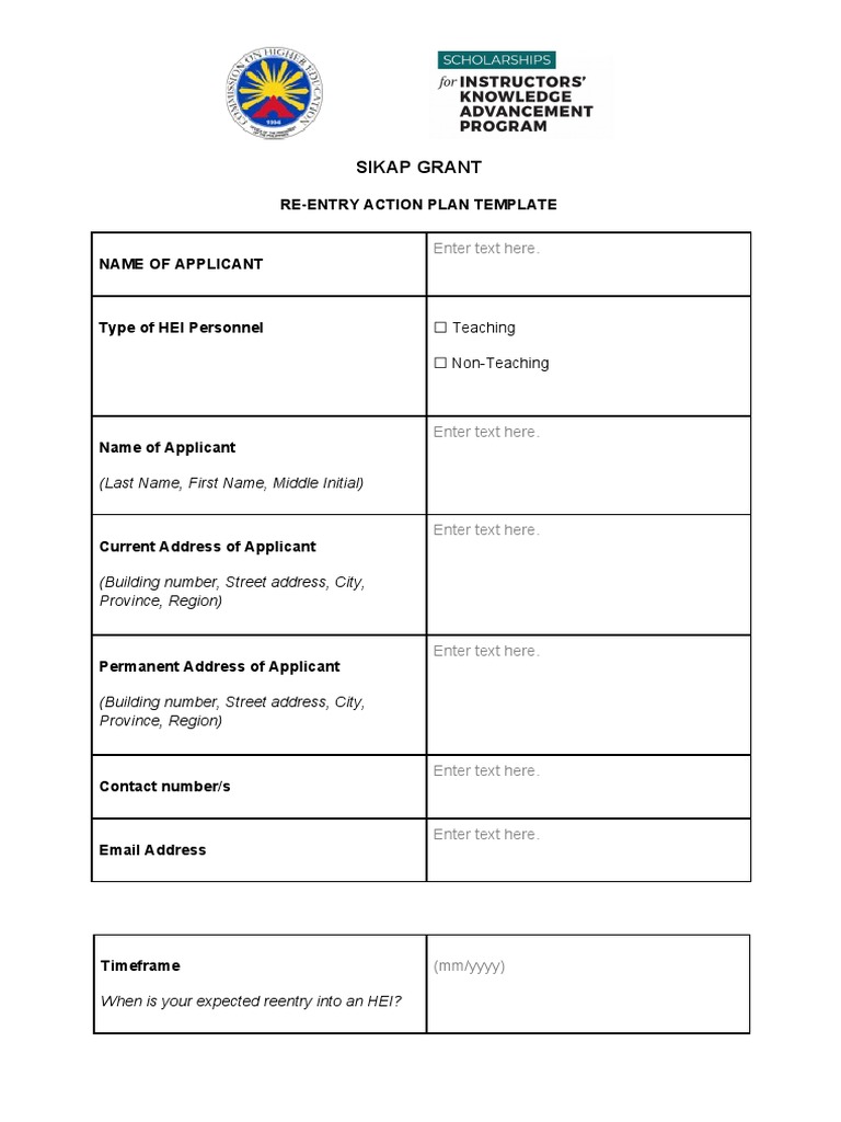 Sikap grant re entry action plan template download free pdf
