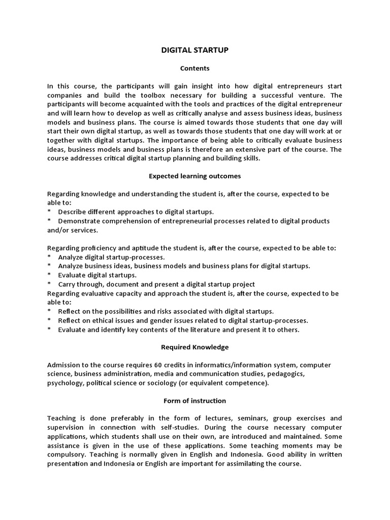 Digital Startup Course Overview | PDF | Startup Company | Small ...