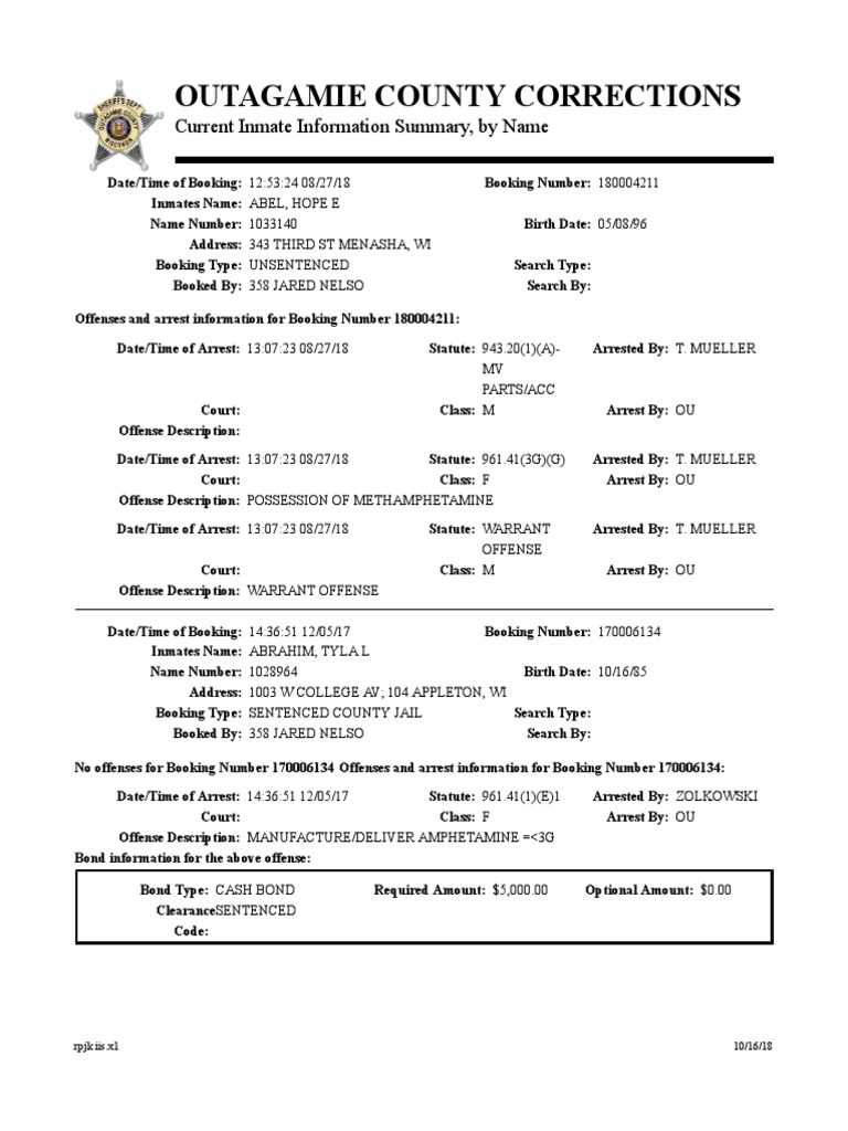 8jailinmatelist101618 PDF | PDF | Bail | Theft