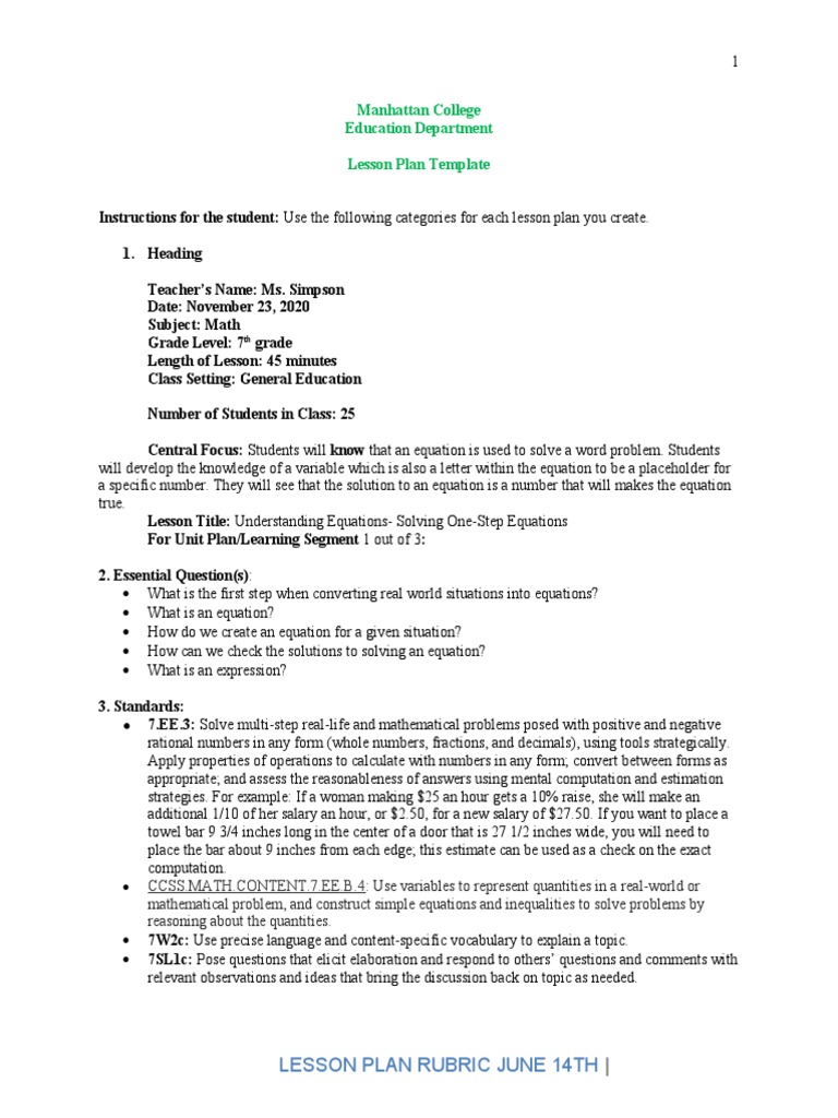 7th Grade Math Lesson Plan: Equations | PDF | Equations | Lesson Plan