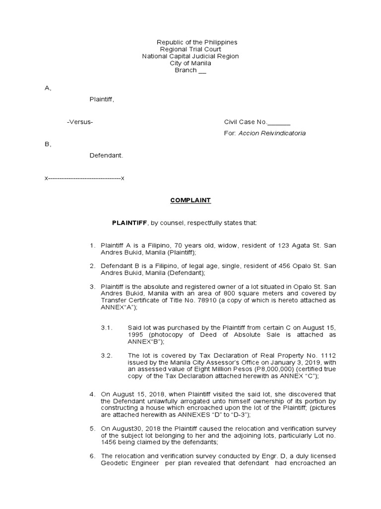 Accion Reivindicatoria Case in Manila | PDF | Lawsuit | Complaint