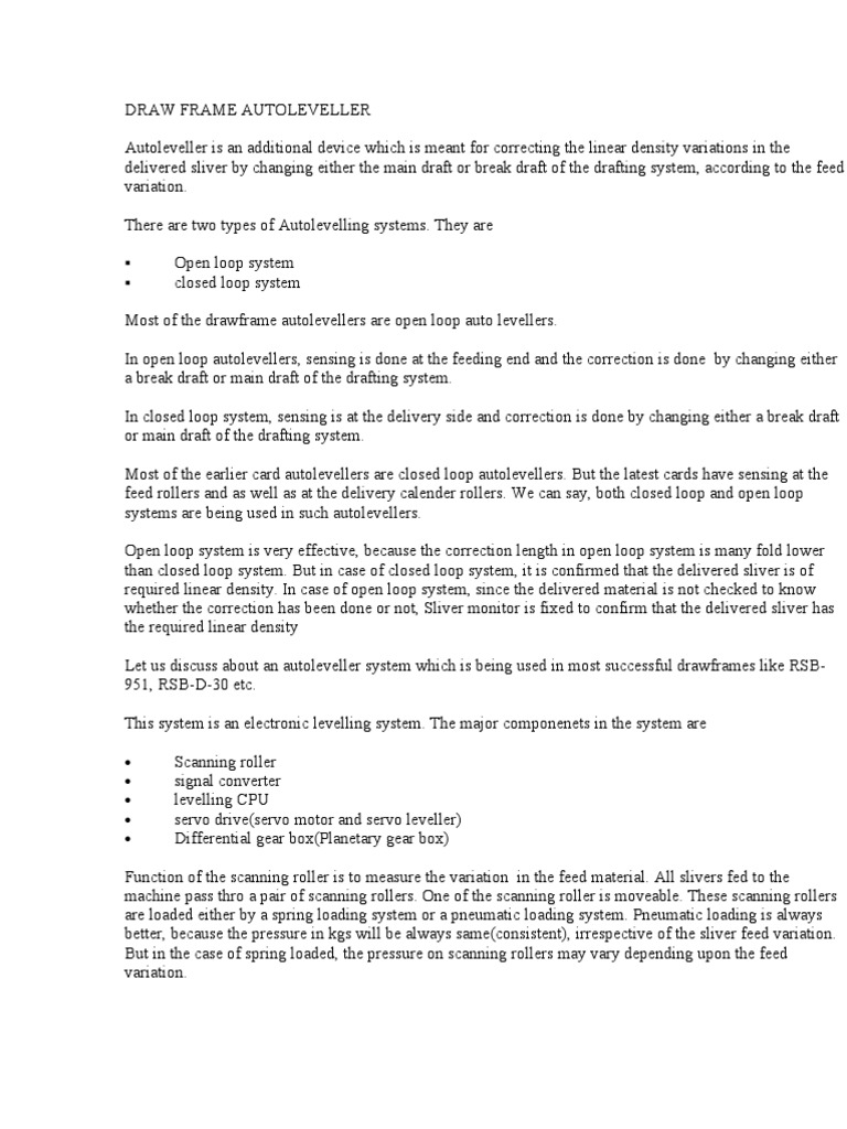 Autoleveller Systems in Draw Frames | PDF | Servomechanism | Electric Motor