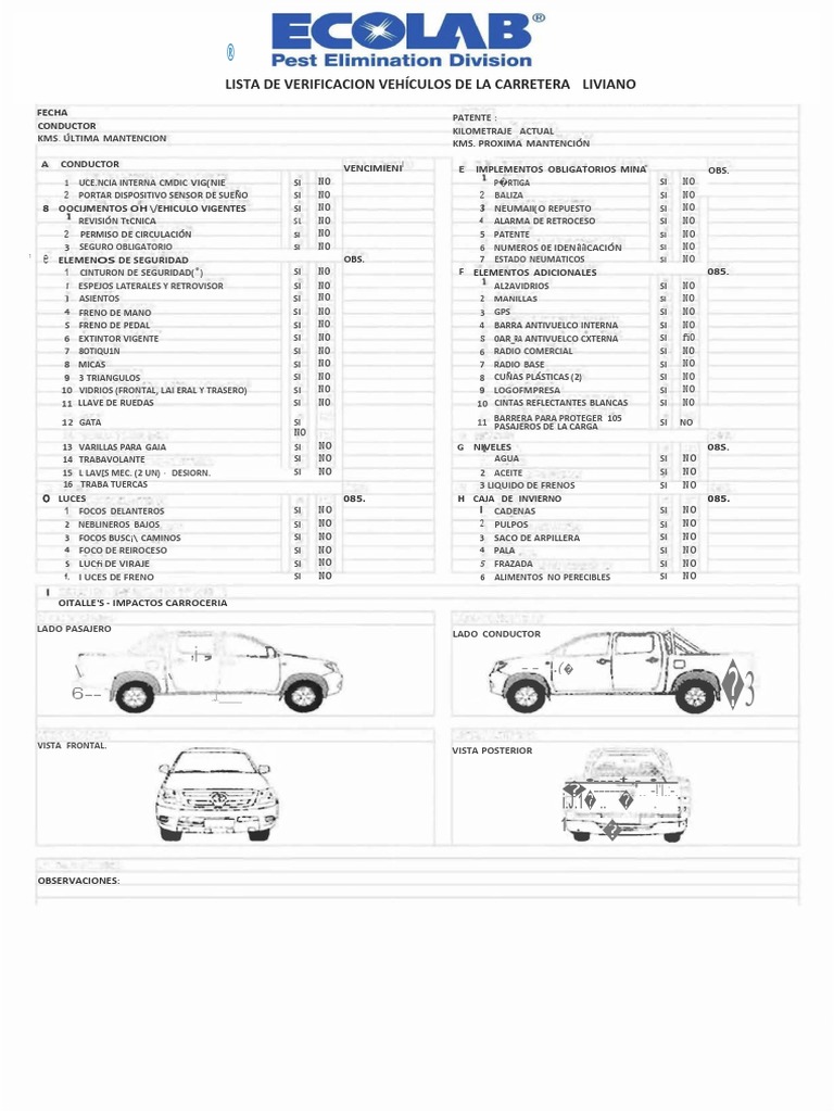 Check List, Camioneta Ecolab Nuevo | PDF | Tecnología de vehículos ...