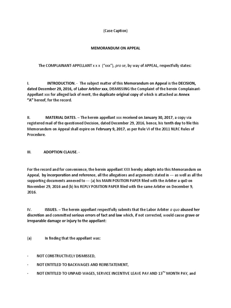 Sample Memorandum of Appeal PDF Affidavit Statute Of Limitations