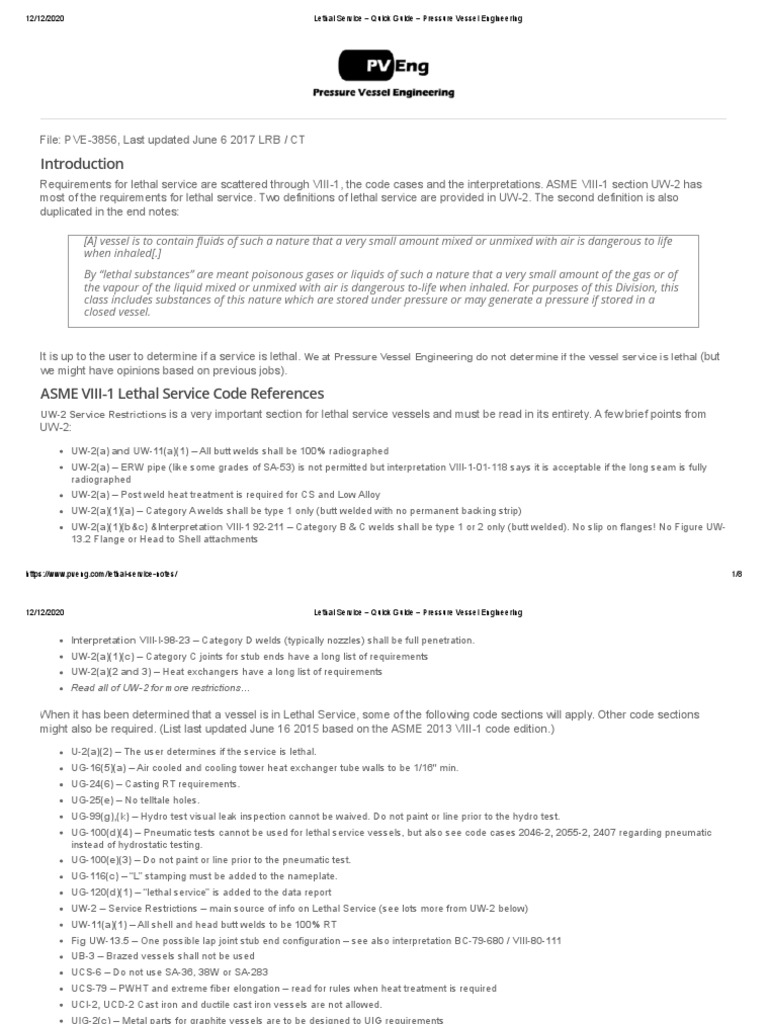 Lethal Service Quick Guide Pressure Vessel Engineering PDF Pipe (Fluid Conveyance) Welding