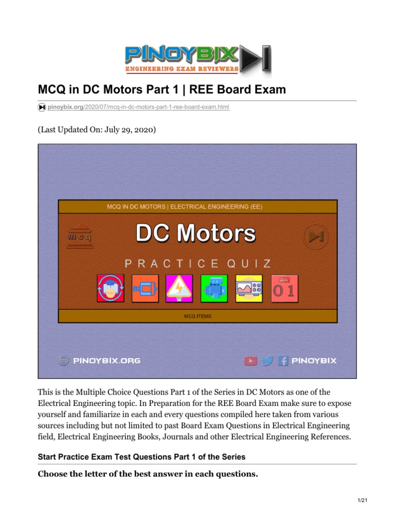 MCQ in DC Motors Part 1 REE Board Exam PDF Electric Motor Components