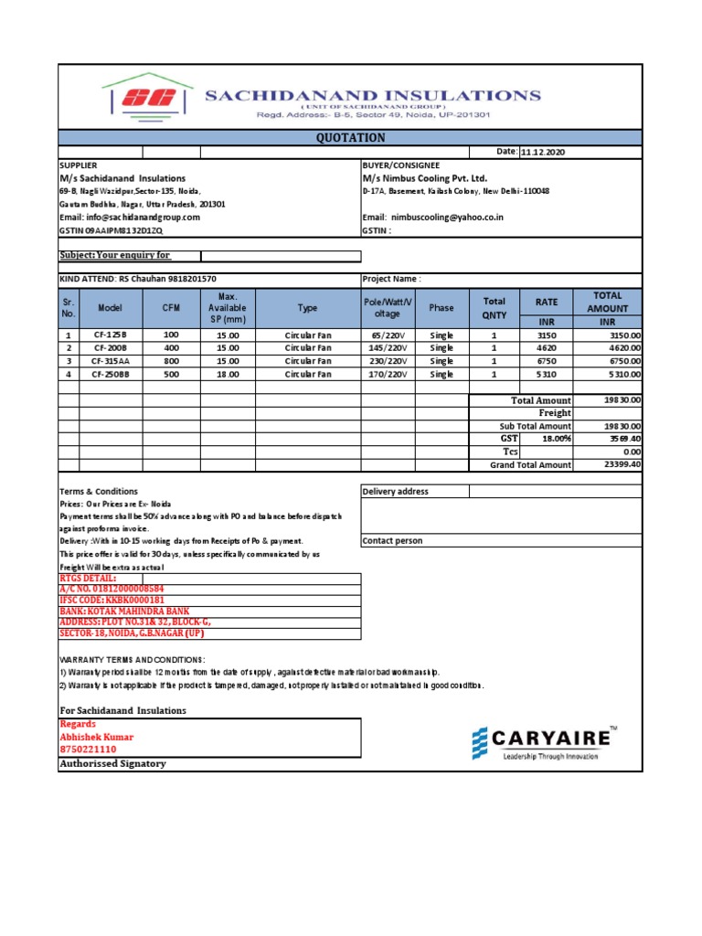 Quotation: M/s Nimbus Cooling Pvt. Ltd. M/s Sachidanand Insulations ...