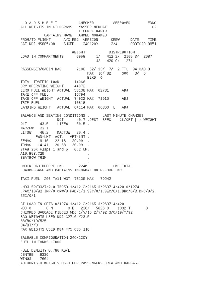 Flight Load Sheet for CAI-NDJ Flight | PDF