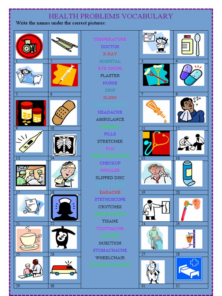Health Problems Vocabulary: Write The Names Under The Correct Pictures ...