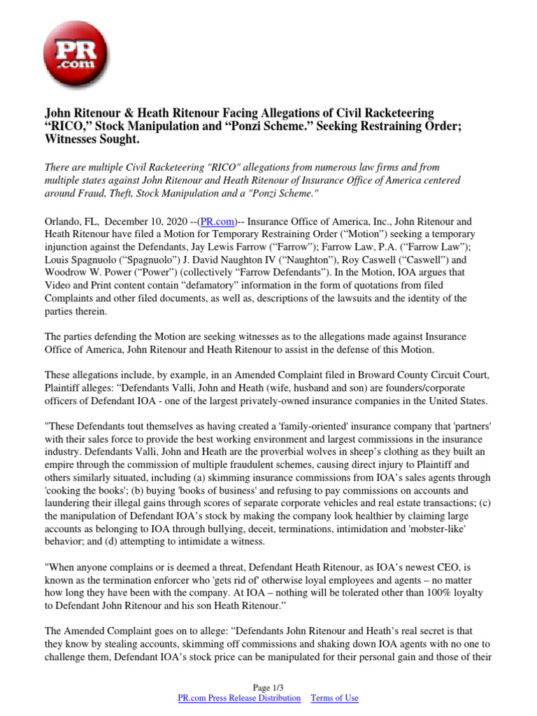 RICO Allegations Against Ritenours | PDF | Racketeer Influenced And ...