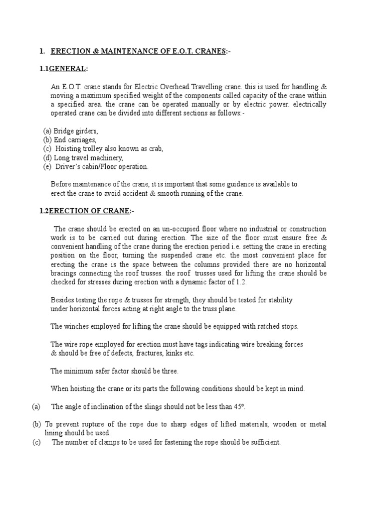 Erection and Maintenance of E.O.T. Cranes | PDF | Crane (Machine ...