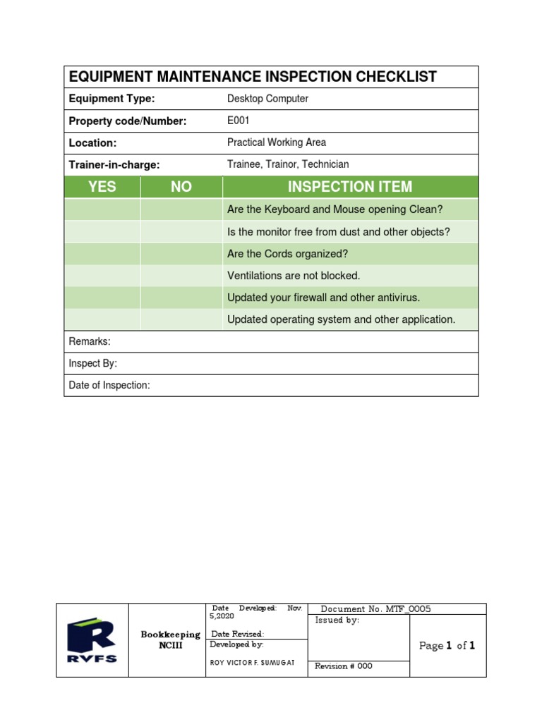 RVFS - Equipment Maintenance Inspection Checklist | PDF